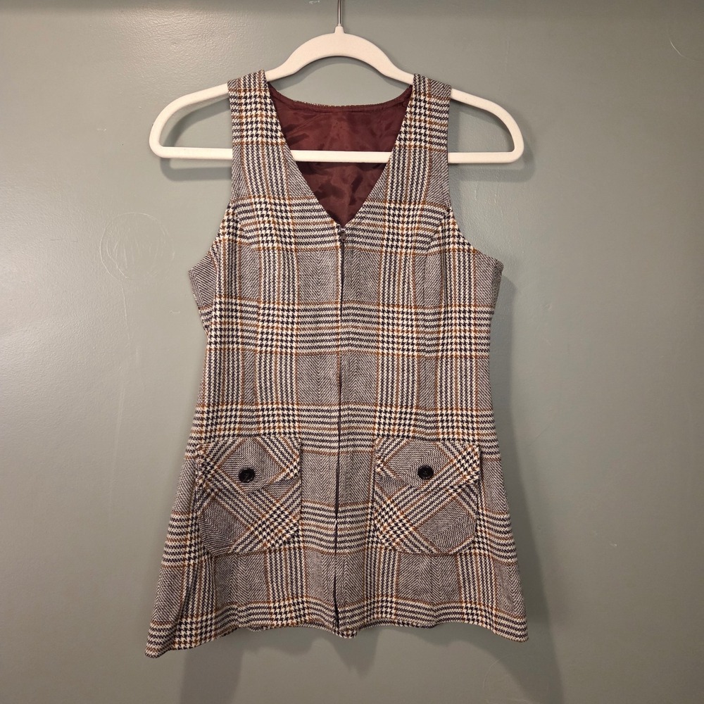Vintage Corner One Women's Full Zip Houndstooth Plaid‎ Vest, 25" Bust, Preppy